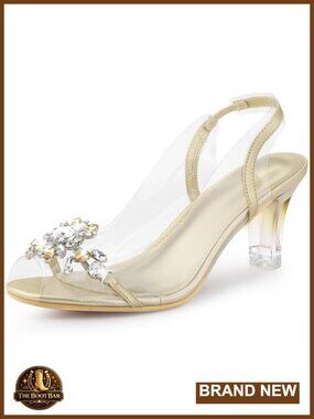 Peep Toe Flower Rhinestone Slingback Clear Chunky Heel Sandals